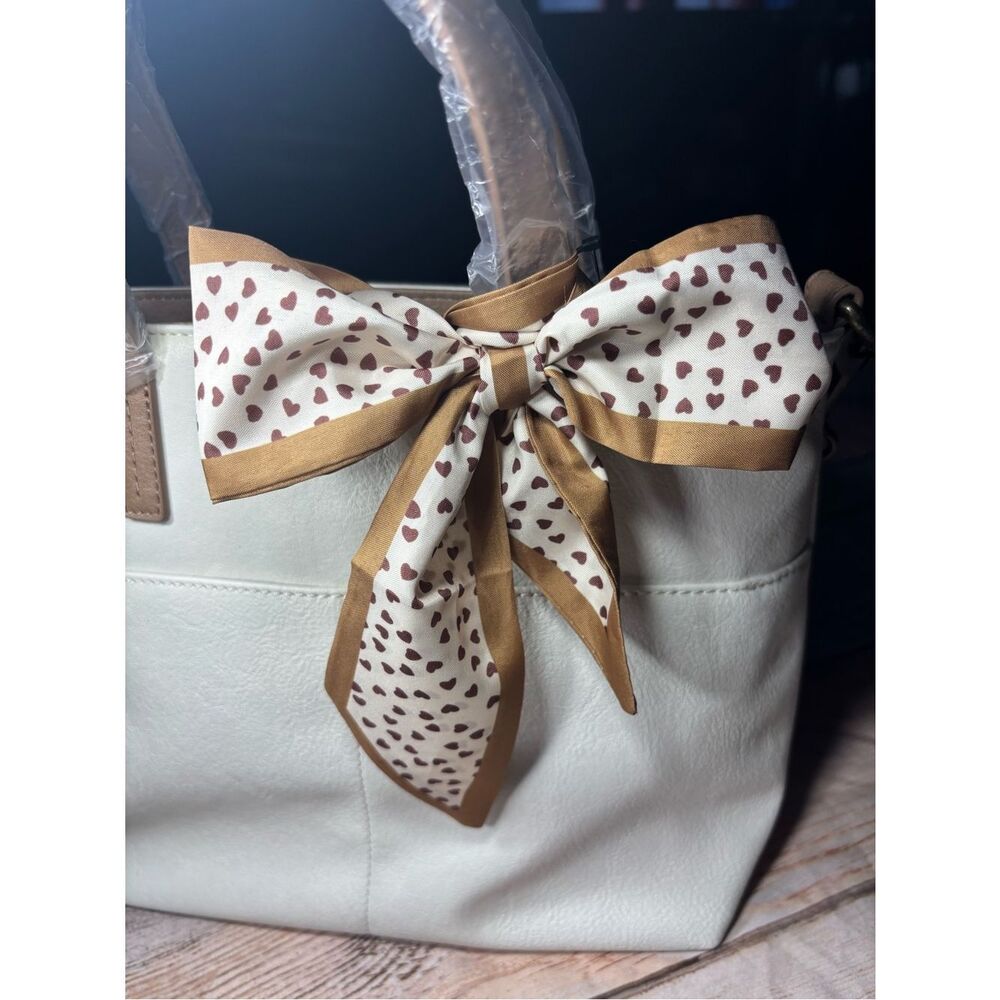 New Heart Print Scarf in Cream and Brown Twilly Purse Bag 2.5” x 35”